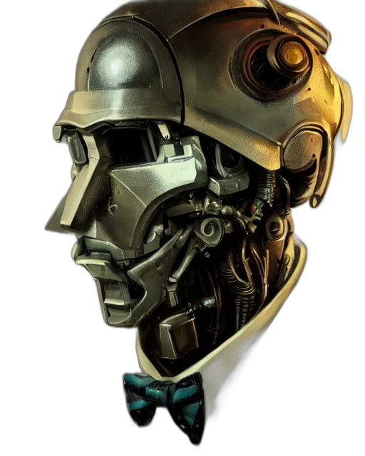 robot, mask, face, cyberpunk, concept art, comic book art, 3d render, golden transparent PNG cut-out