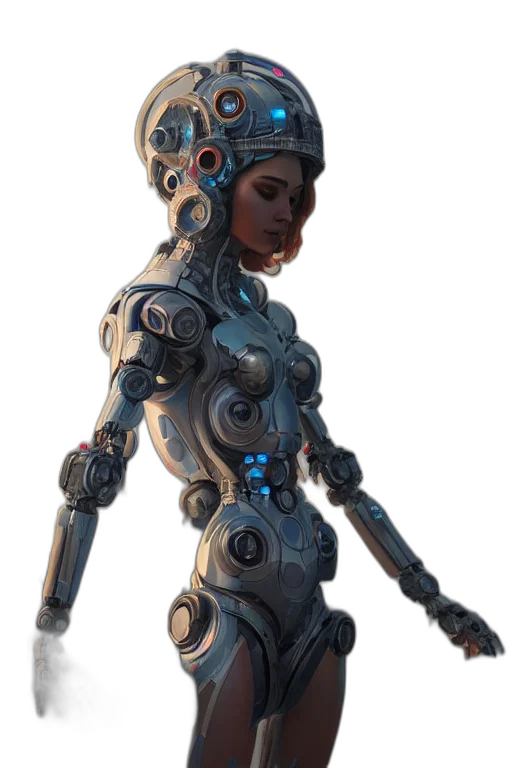 robot, dress, staff, weapon, concept art, cyberpunk, 3d render, fantasy art transparent PNG cut-out