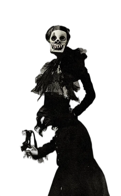 mask, dress, staff, creature, concept art, photorealistic, comic book art, monochrome transparent PNG cut-out