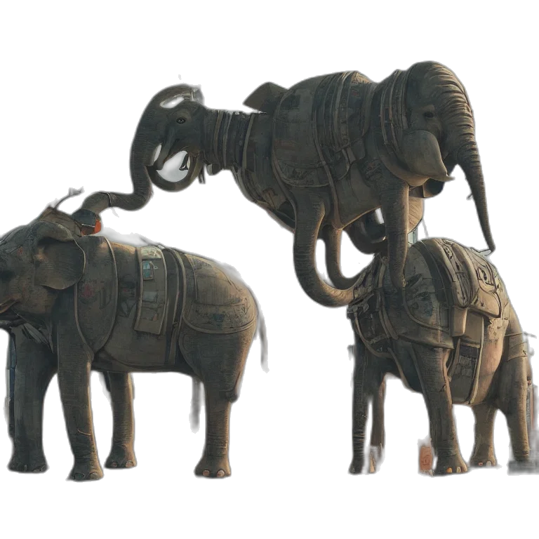3d render, concept art, photorealistic, robotic, elephant, walking, through, abandoned transparent PNG cut-out