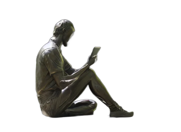 photo, still, bronze, statue, man, sitting, desktop, hunched transparent PNG cut-out