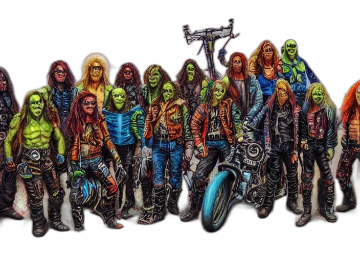 concept art, comic book art, apocalyptic, scifi, orcish, biker, gang, posing transparent PNG cut-out