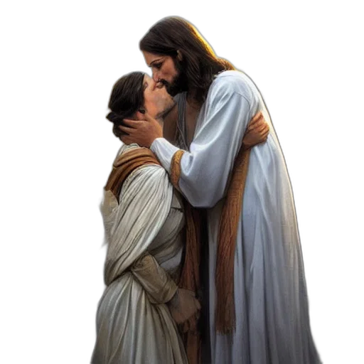 jesus, kissing, woman, street, elegant, highly, detailed, digital transparent PNG cut-out
