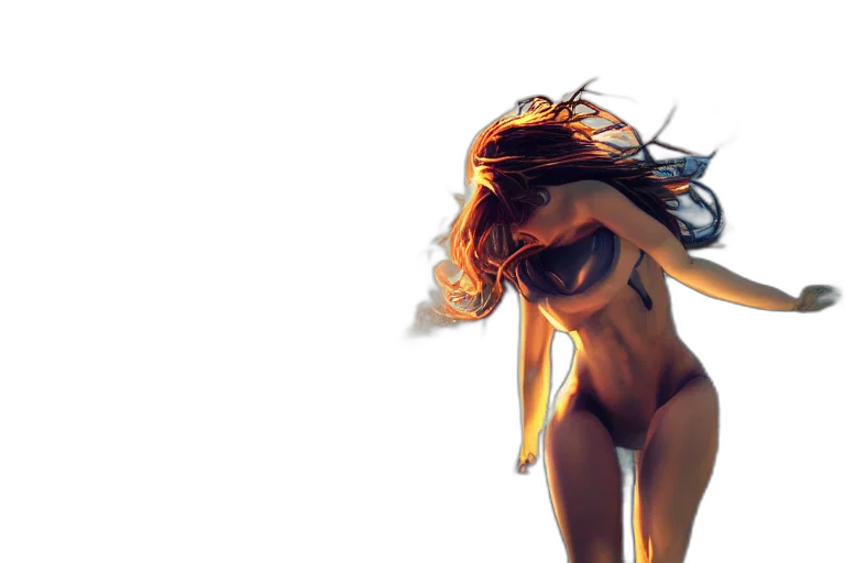 hair, concept art, 3d render, comic book art, cyberpunk, neon lights, fire, underwater transparent PNG cut-out