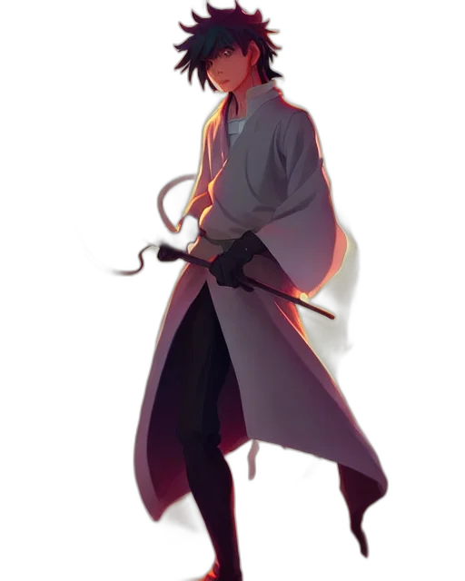 staff, sword, weapon, jacket, concept art, anime, fantasy art, watercolor transparent PNG cut-out