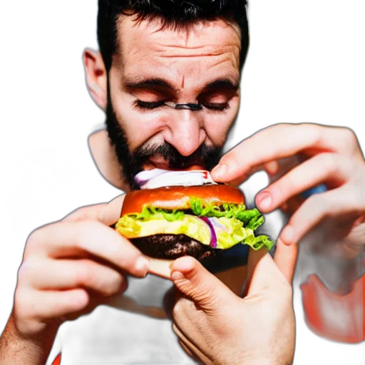 food, face, photorealistic, pixel art, photo, man, eating, burger transparent PNG cut-out