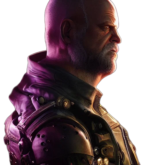 face, jacket, staff, cyberpunk, concept art, photorealistic, 3d render, charismatic transparent PNG cut-out