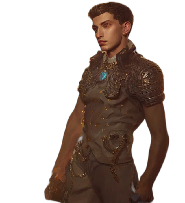 jacket, staff, sword, concept art, fantasy art, 3d render, photorealistic, earth tones transparent PNG cut-out