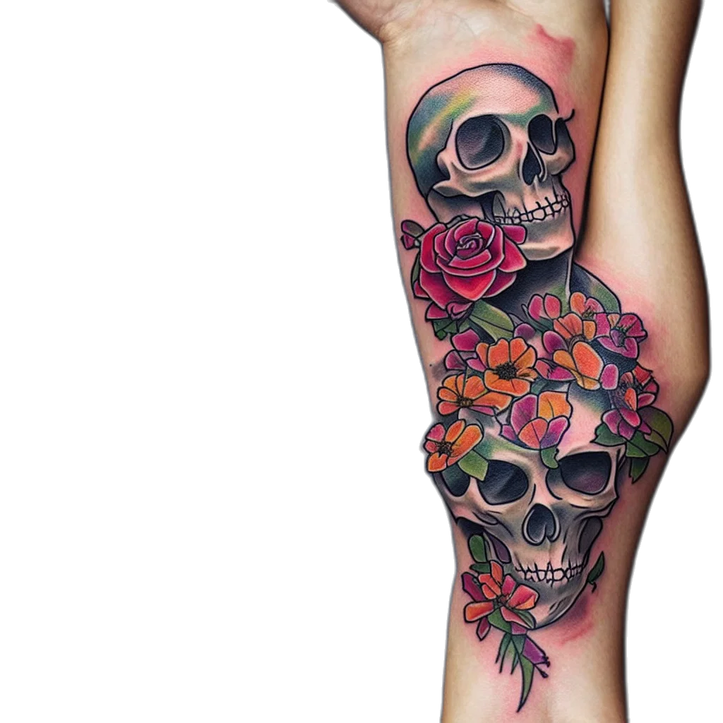 photorealistic, dark, red, colorful, creative, skeleton, flower, art transparent PNG cut-out