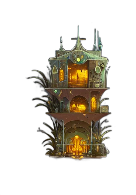building, concept art, fantasy art, 3d render, pixel art, earth tones, single, flying transparent PNG cut-out