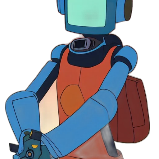 robot, jacket, staff, weapon, concept art, 3d render, pixel art, cartoon transparent PNG cut-out