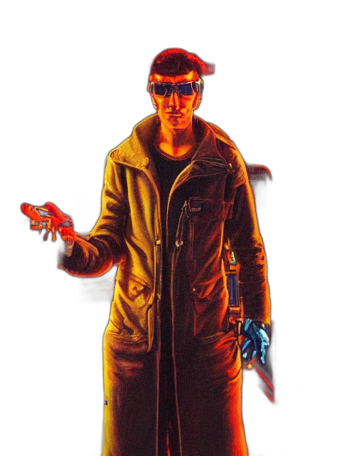 jacket, weapon, staff, cyberpunk, concept art, comic book art, pixel art, red transparent PNG cut-out