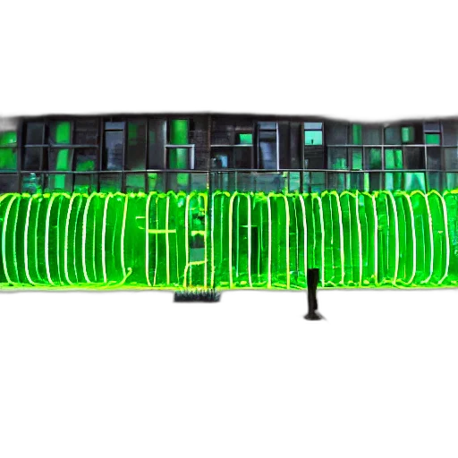 building, furniture, car, staff, 3d render, concept art, cyberpunk, green transparent PNG cut-out