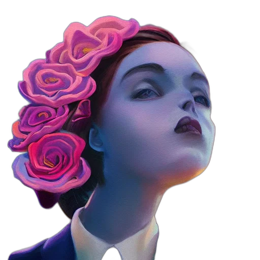 crown, face, robot, flower, vaporwave, concept art, cyberpunk, photorealistic transparent PNG cut-out