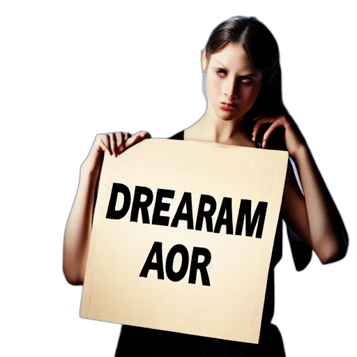 dress, human, robot, holding, sign, text, reads, dream transparent PNG cut-out
