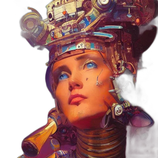 robot, face, crown, hat, cyberpunk, concept art, fantasy art, photorealistic transparent PNG cut-out