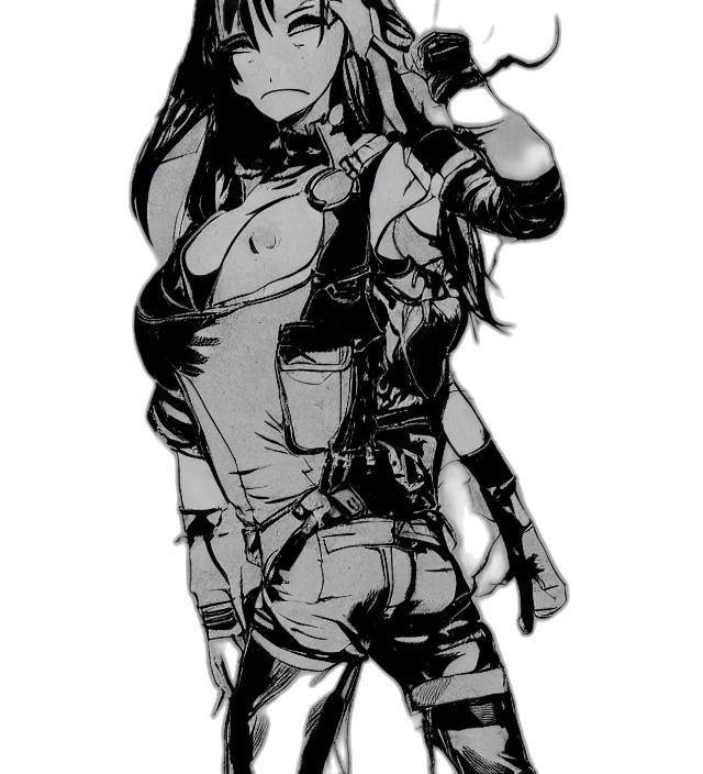 weapon, jacket, staff, cyberpunk, comic book art, concept art, cartoon, monochrome transparent PNG cut-out