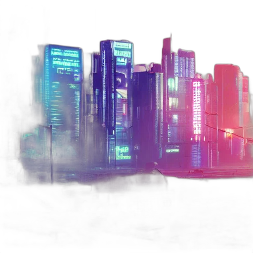 building, concept art, cyberpunk, 3d render, vaporwave, neon lights, fog, city street transparent PNG cut-out