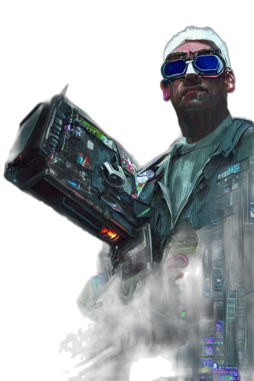 robot, weapon, jacket, staff, cyberpunk, concept art, vaporwave, comic book art transparent PNG cut-out