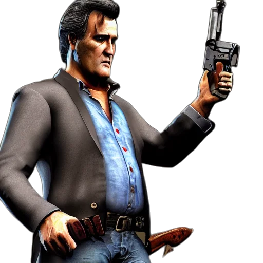 jacket, weapon, concept art, 3d render, comic book art, cartoon, screenshot, bruce transparent PNG cut-out