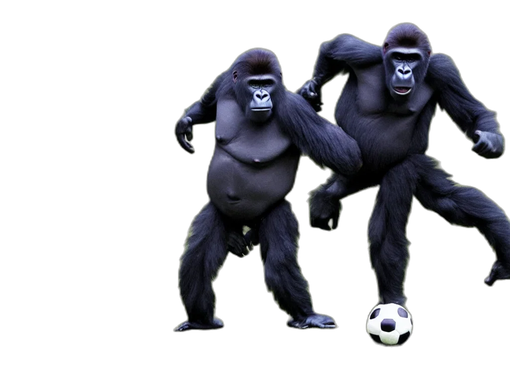 animal, concept art, 3d render, photorealistic, gorilla, playin, soccer, vivid transparent PNG cut-out