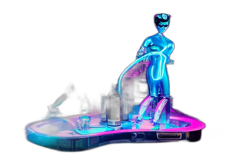 robot, staff, cyberpunk, vaporwave transparent PNG cut-out