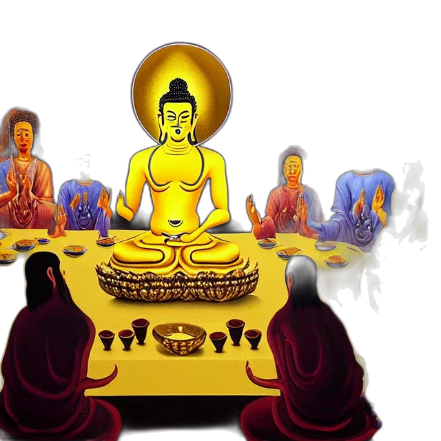 concept art, 3d render, beautiful, painting, cyberpunk, gold, buddha, last transparent PNG cut-out