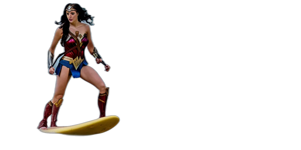 comic book art, concept art, 3d render, gal, gadot, wonder, woman, surfing transparent PNG cut-out