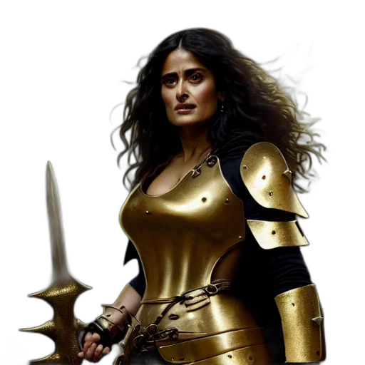 sword, fantasy art, concept art, comic book art, photorealistic, portrait, salma, hayek transparent PNG cut-out