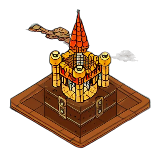 crown, building, pixel art, concept art, fantasy art, 3d render, fire, golden transparent PNG cut-out