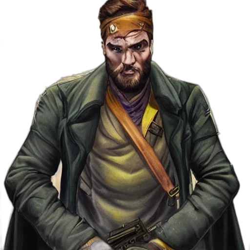 jacket, staff, weapon, concept art, comic book art, cyberpunk, fantasy art, earth tones transparent PNG cut-out