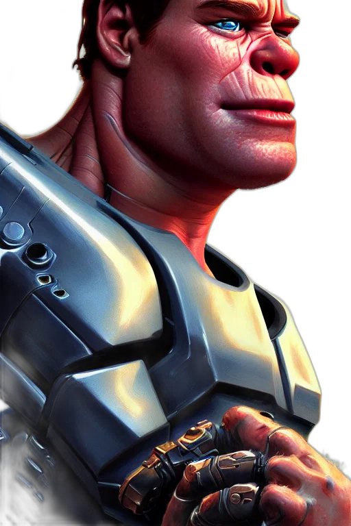 face, robot, sword, weapon, 3d render, photorealistic, concept art, comic book art transparent PNG cut-out
