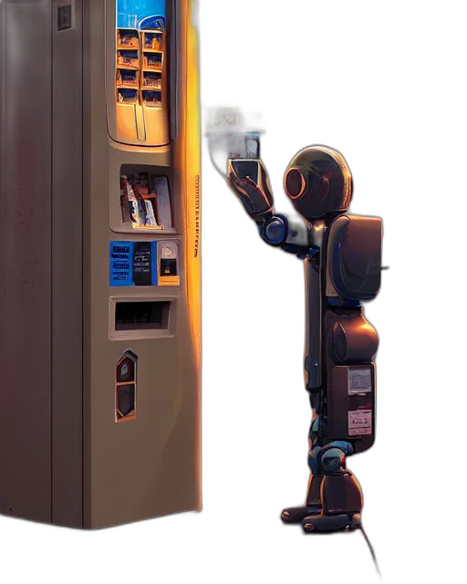 robot, concept art, cyberpunk, 3d render, humanoid, buying, cigarettes, vending transparent PNG cut-out