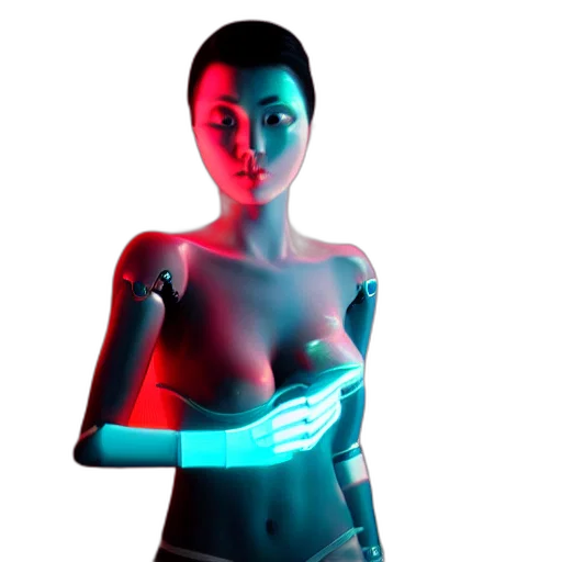 robot, cyberpunk, 3d render, concept art, vaporwave, neon lights, neon, blue transparent PNG cut-out
