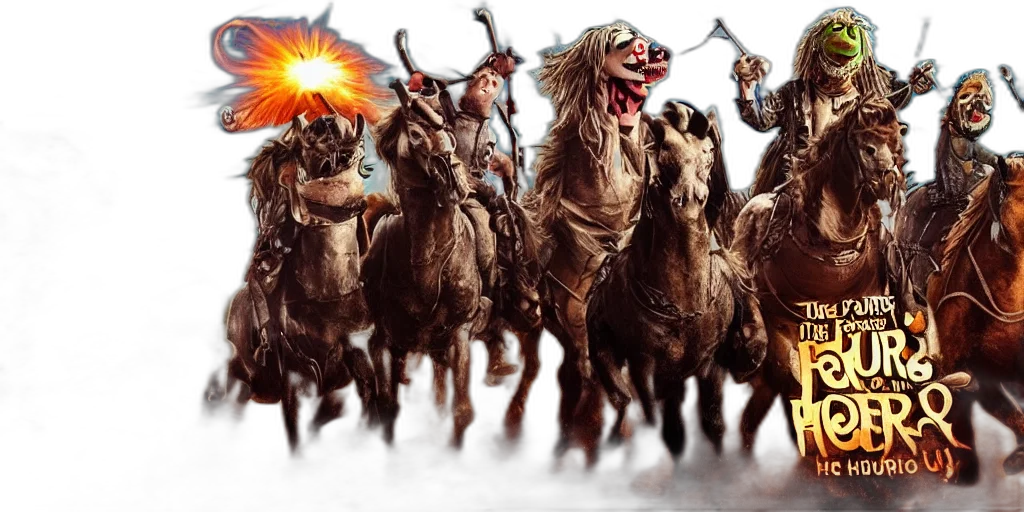 concept art, fantasy art, photorealistic, fire, four, horsemen, apocalypse, muppets transparent PNG cut-out