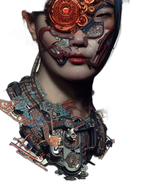 mask, robot, face, jewelry, cyberpunk, photorealistic, fantasy art, concept art transparent PNG cut-out