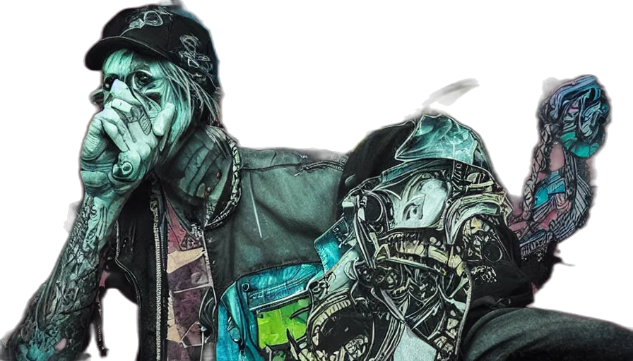 jacket, mask, cyberpunk, comic book art, concept art, grunge, diesel, smoke transparent PNG cut-out