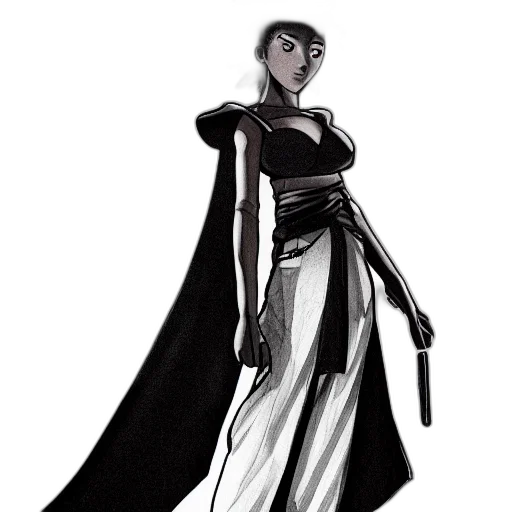 dress, staff, concept art, comic book art, fantasy art, cartoon, monochrome, dark transparent PNG cut-out
