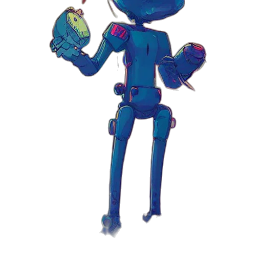 robot, staff, weapon, jacket, concept art, 3d render, pixel art, cartoon transparent PNG cut-out