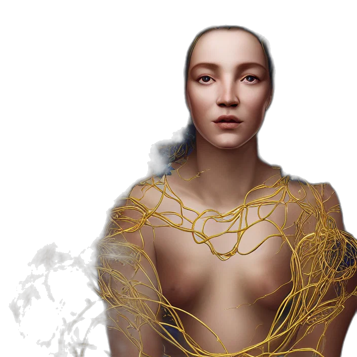 jewelry, hair, cyberpunk, concept art, fantasy art, 3d render, golden, hyperrealist transparent PNG cut-out