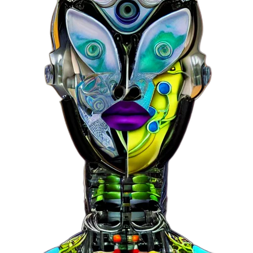 mask, robot, face, jewelry, cyberpunk, concept art, 3d render, vaporwave transparent PNG cut-out