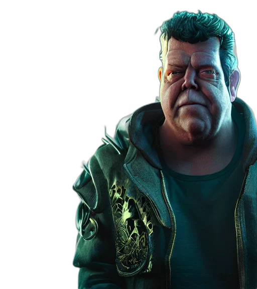 jacket, face, staff, concept art, 3d render, cyberpunk, comic book art, green transparent PNG cut-out
