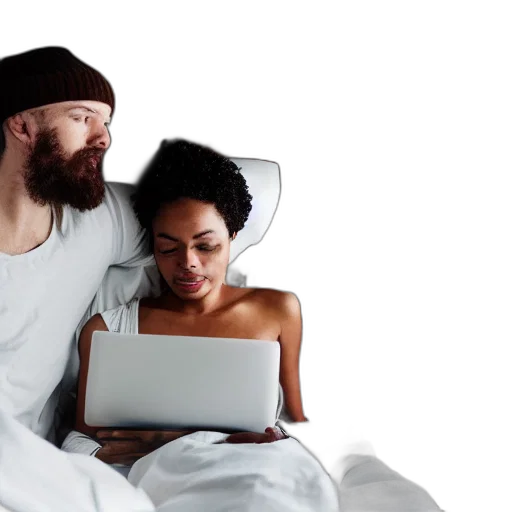 man, woman, bed, working, their, laptops transparent PNG cut-out