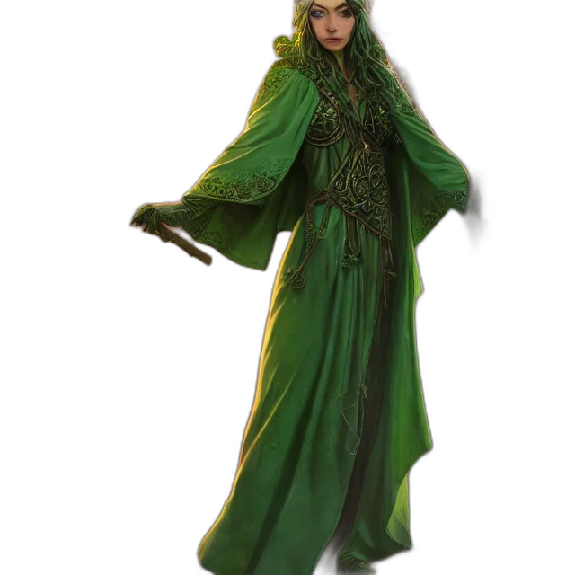 dress, staff, jacket, concept art, fantasy art, 3d render, photorealistic, green transparent PNG cut-out