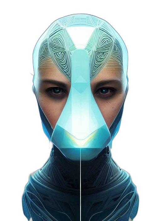 mask, face, robot, cyberpunk, concept art, 3d render, comic book art, blue transparent PNG cut-out