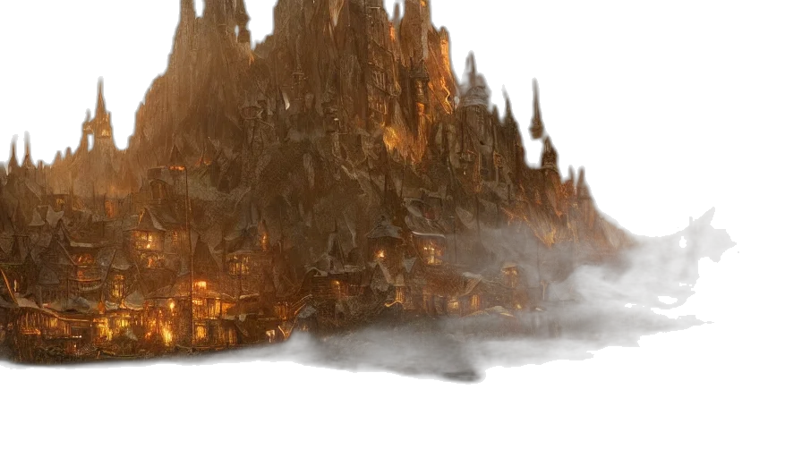 concept art, fantasy art, photorealistic, watercolor, fog, fire, city street, night transparent PNG cut-out