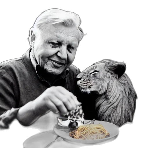 animal, food, photorealistic, david, attenborough, sitting, restaurant, lion transparent PNG cut-out