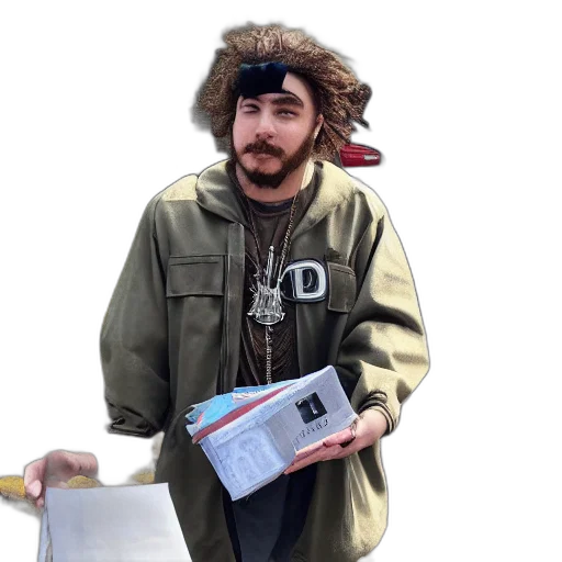 jacket, hat, weapon, staff, concept art, photorealistic, post, malone transparent PNG cut-out