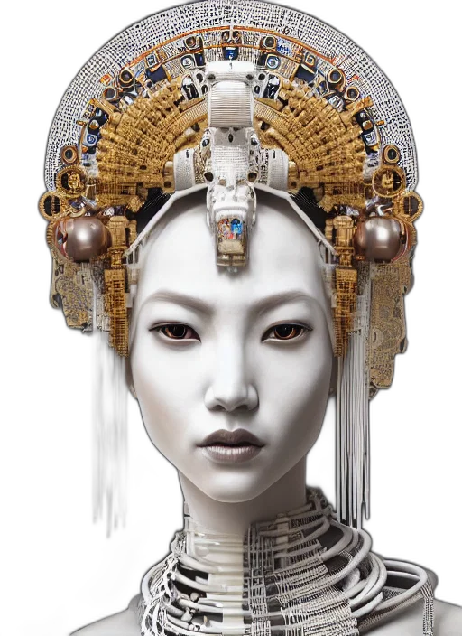 robot, jewelry, crown, face, cyberpunk, photorealistic, concept art, fantasy art transparent PNG cut-out