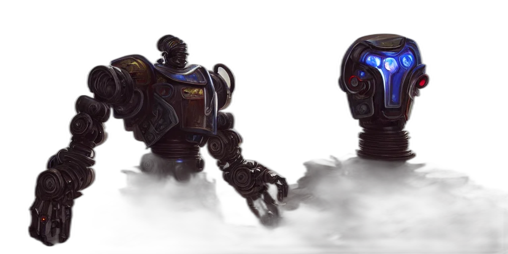 robot, weapon, concept art, fantasy art, cyberpunk, 3d render, fog, underwater transparent PNG cut-out